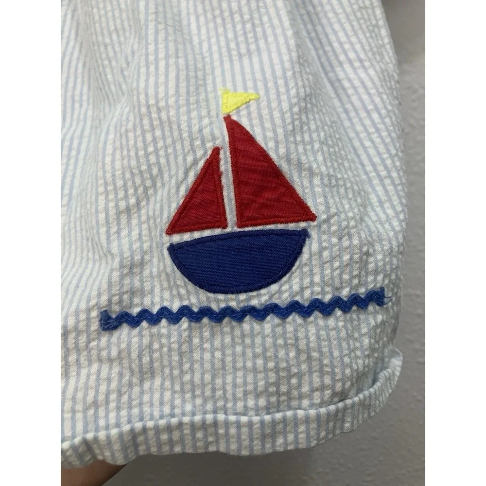 VTG Betti Terrell By Johnston Seersucker Girls 24M Dress Blue & White Sailboats